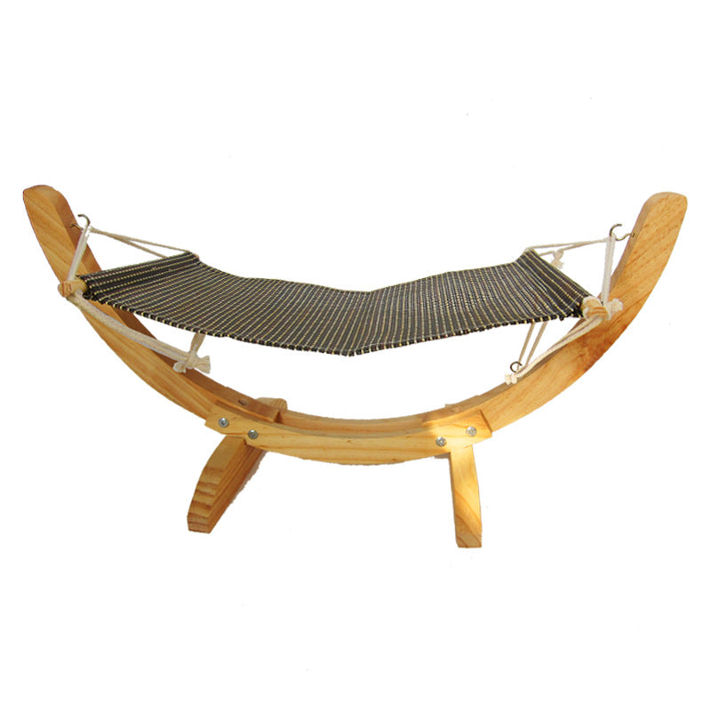 Cat hammock wooden bed with dark striped fabric sling and rope ties