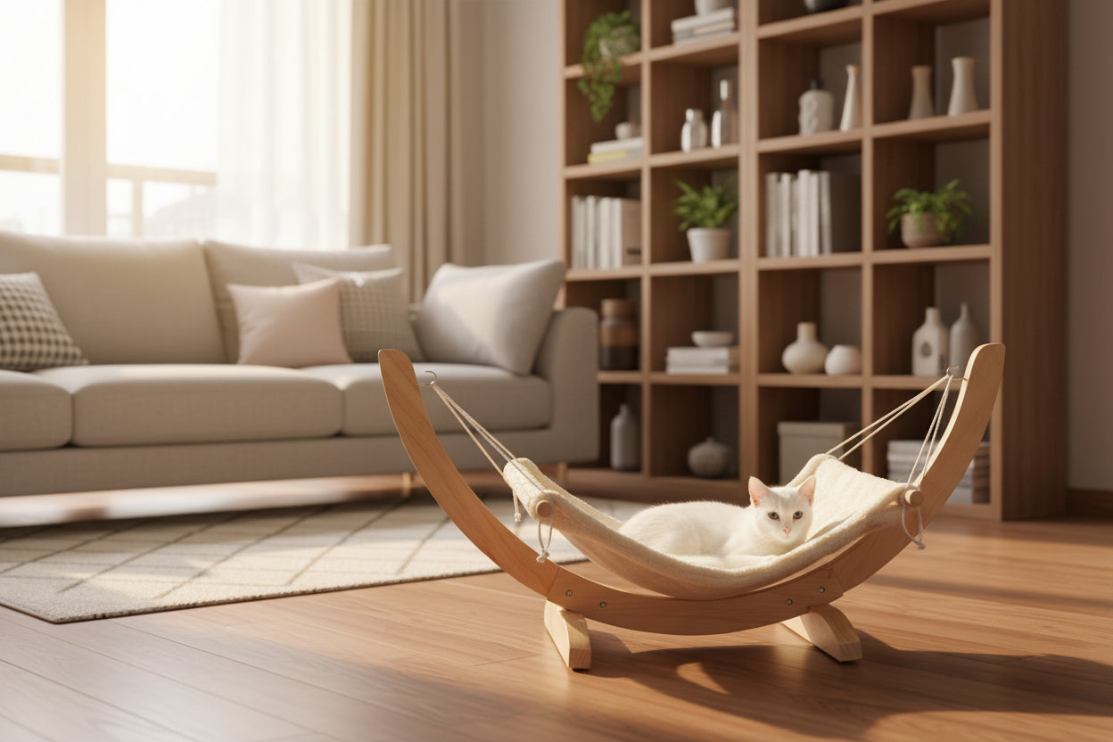 Cat hammock wooden bed with beige fabric sling and resting cat