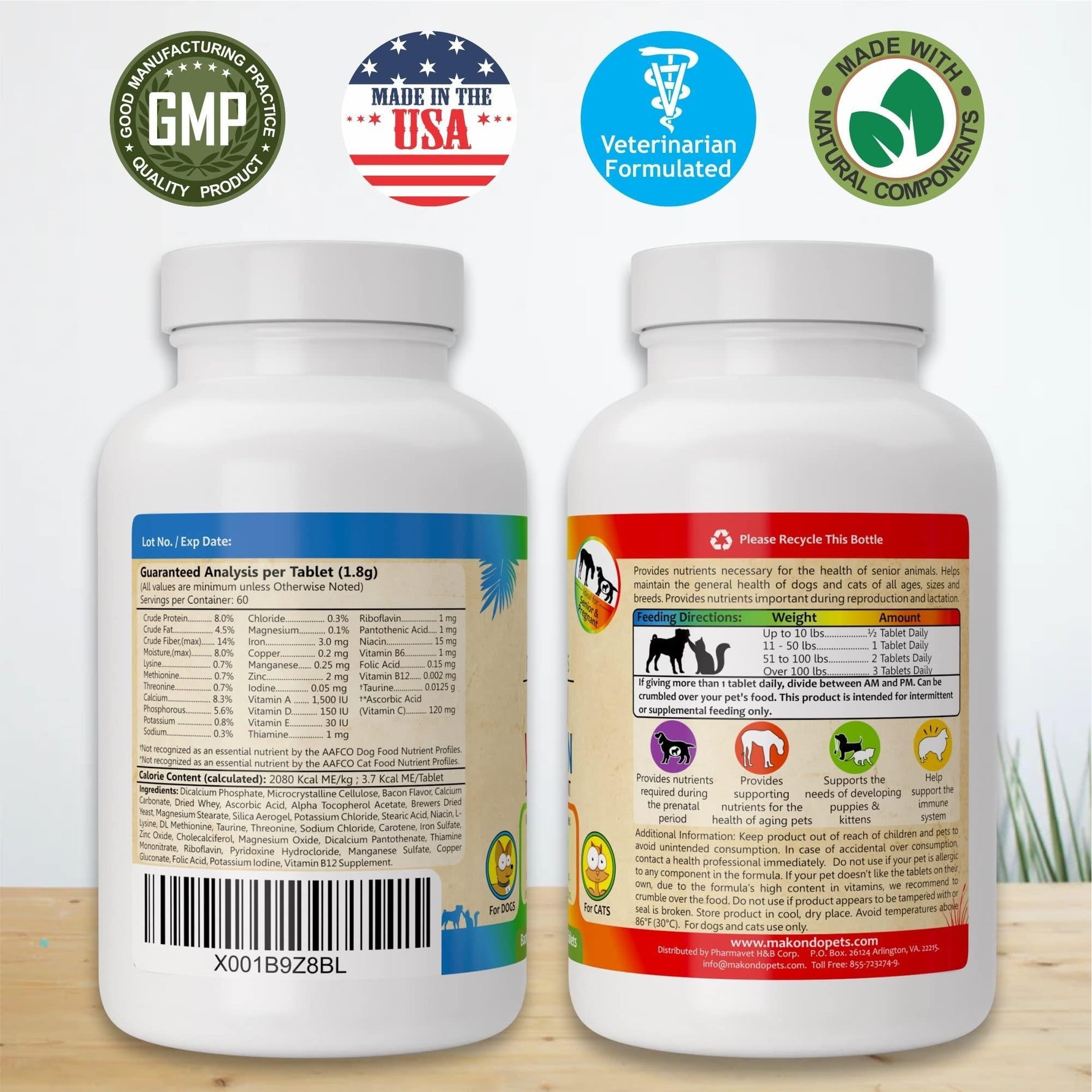 Prenatal multi vitamin pet supplement bottles showing back label and tablet analysis