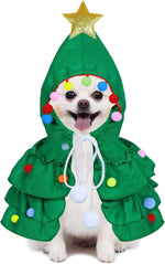 Green Christmas tree hooded pet costume with gold star, pom-pom trim, and white drawstring