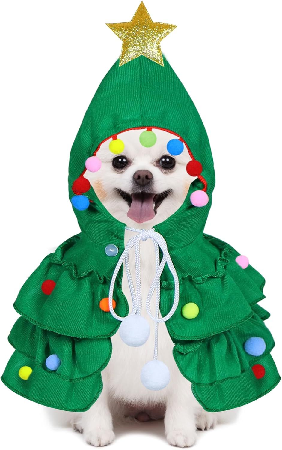 Green Christmas tree hooded pet costume with gold star, pom-pom trim, and white drawstring