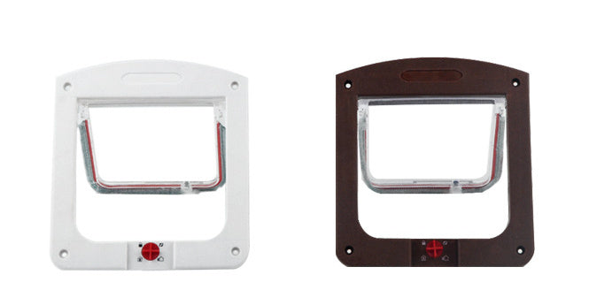 Two pet doors: white model and dark brown model, both with clear flap