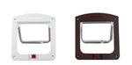 Two pet doors: white model and dark brown model, both with clear flap