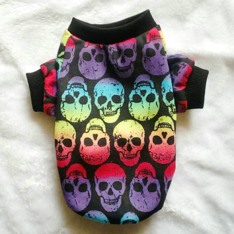 Skull Halloween pet shirt, multicolor skull face print, black ribbed collar