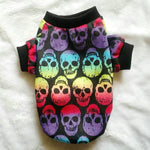 Skull Halloween pet shirt, multicolor skull face print, black ribbed collar