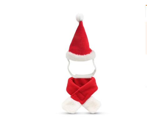 Pet Santa hat and scarf set in red with white trim, pom-pom, and matching neck piece