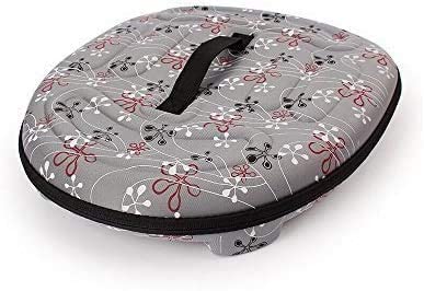 Gray foldable pet carrier with floral pattern, black trim, and front mesh window