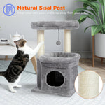 Gray multi-level cat tree condo with plush perch, sisal posts, and hanging toy ball