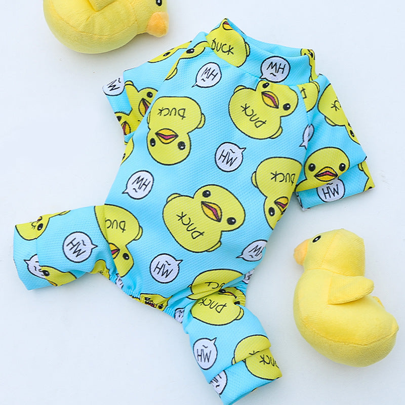 Light blue duck-print pet onesie, long sleeves and open legs, laid flat