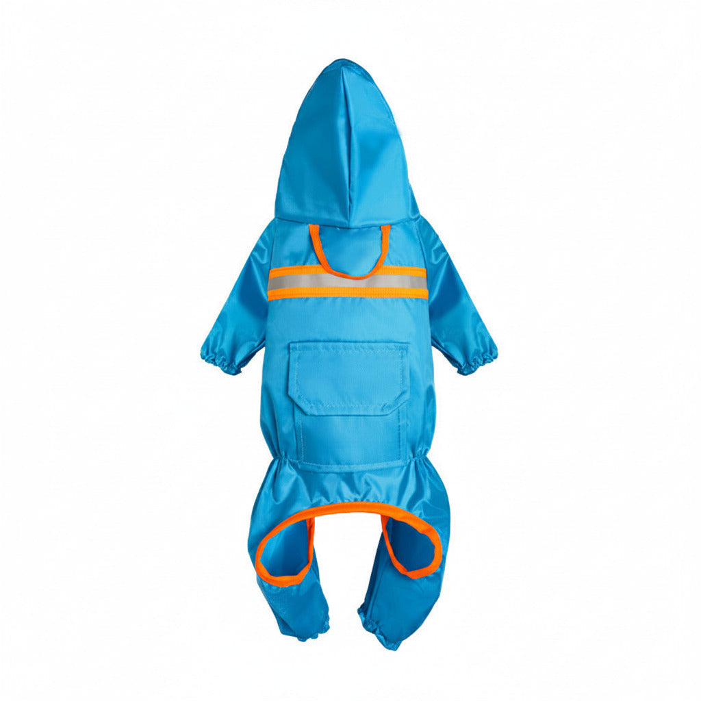 Reflective raincoat for dogs, blue with hood, front pocket, and reflective band