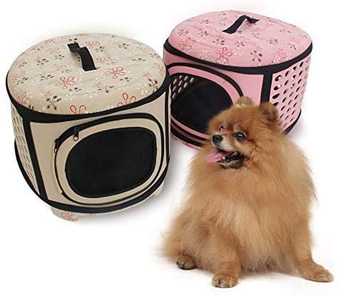 Two foldable pet carriers, pink and beige, each with front mesh door and black trim