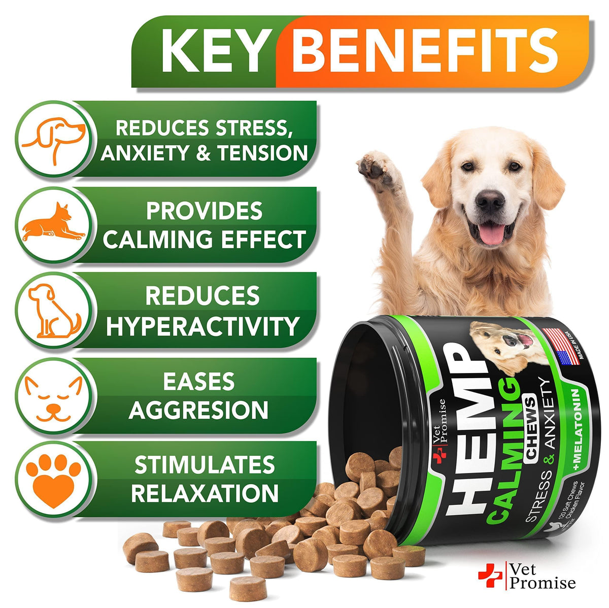Dog hemp calming chews key benefits infographic with icons and golden retriever