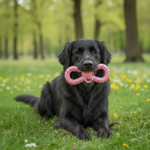 Rose Red molar ball toy in a dog’s mouth, spiked loop ring