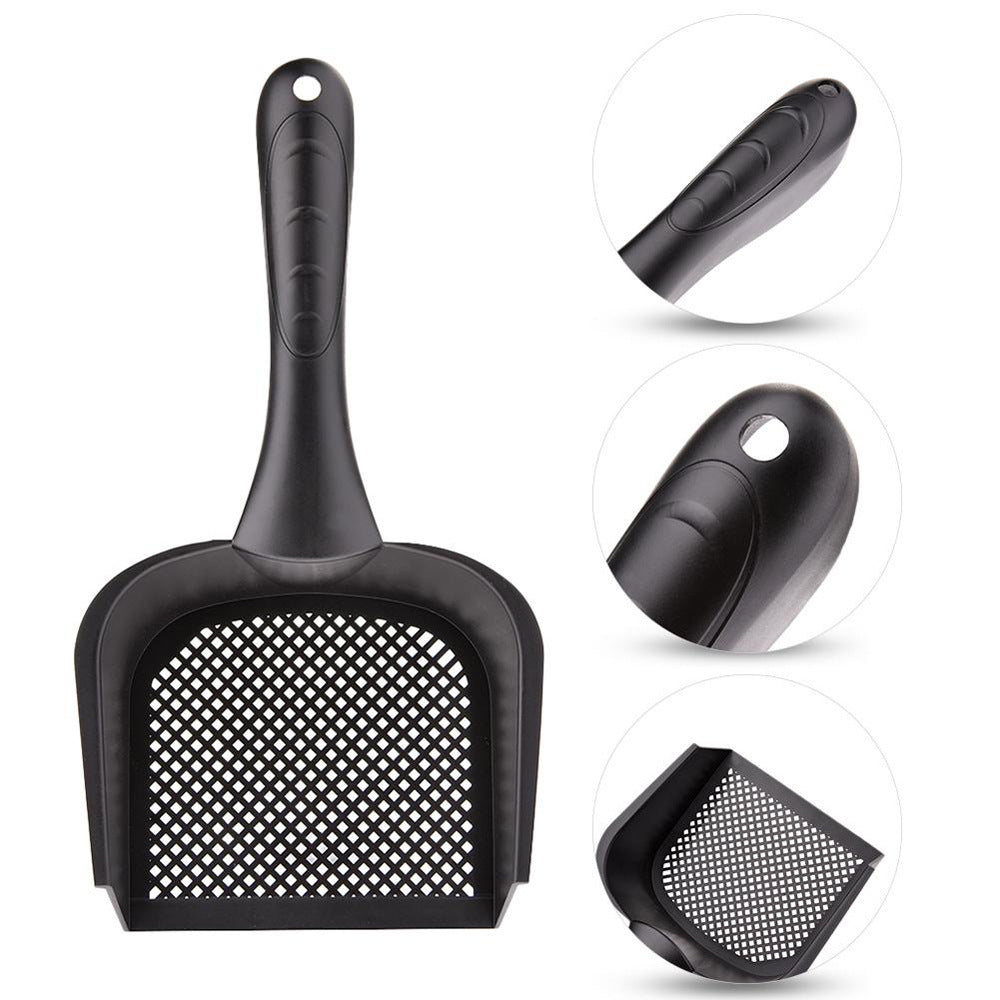 Black plastic cat litter scoop with perforated tray and long handle, multiple angles