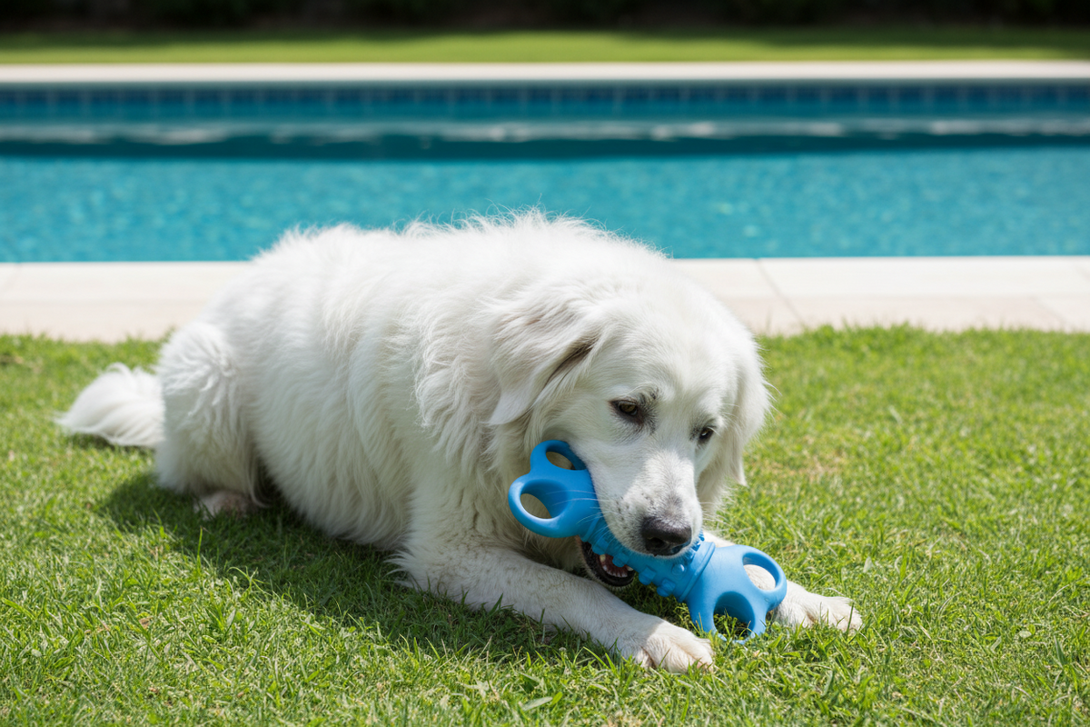 Blue silicone four-hole bone chew toy as a dog chews on grass