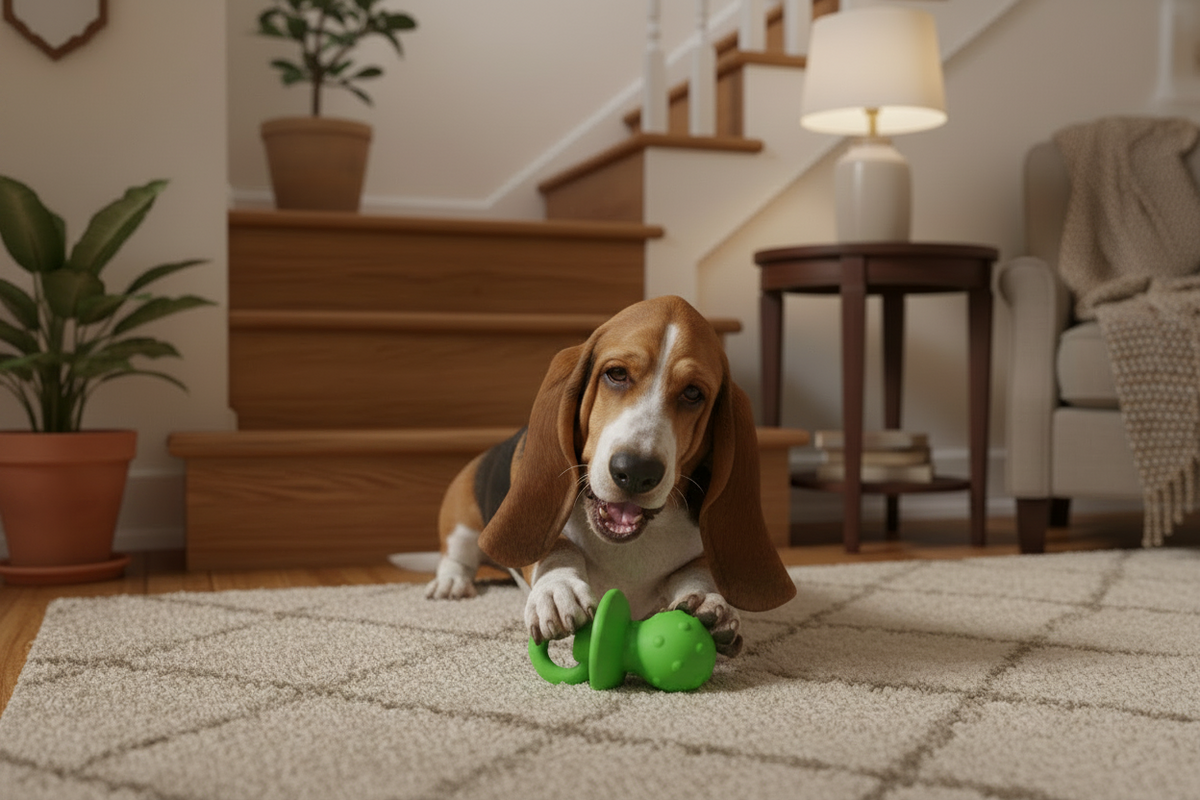 Green latex squeaky pacifier dog toy with ring handle, in a dog playing position