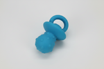 Latex squeaky pacifier dog toy in blue, with ring handle and textured bulb