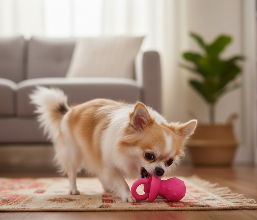 Pink latex squeaky pacifier dog toy with ring handle, being held in a dog’s mouth