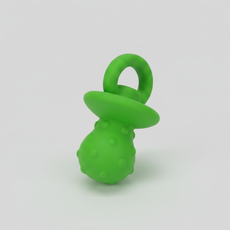 Latex squeaky pacifier dog toy in green, with ring handle and textured bulb