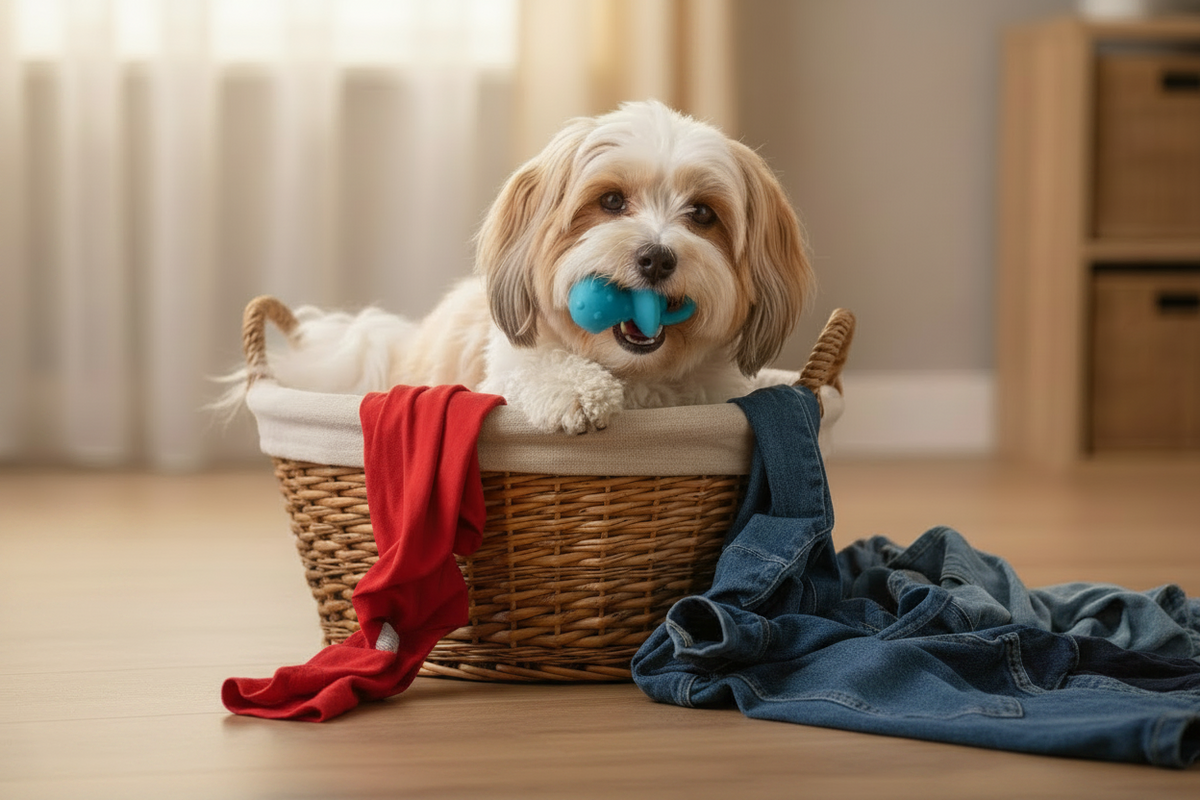 Blue latex squeaky pacifier dog toy with ring handle, held by a small dog