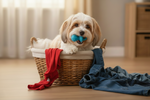 Blue latex squeaky pacifier dog toy with ring handle, held by a small dog
