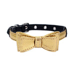 Pet collar with gold metallic strap and bow, silver grommet studs, shiny mesh texture