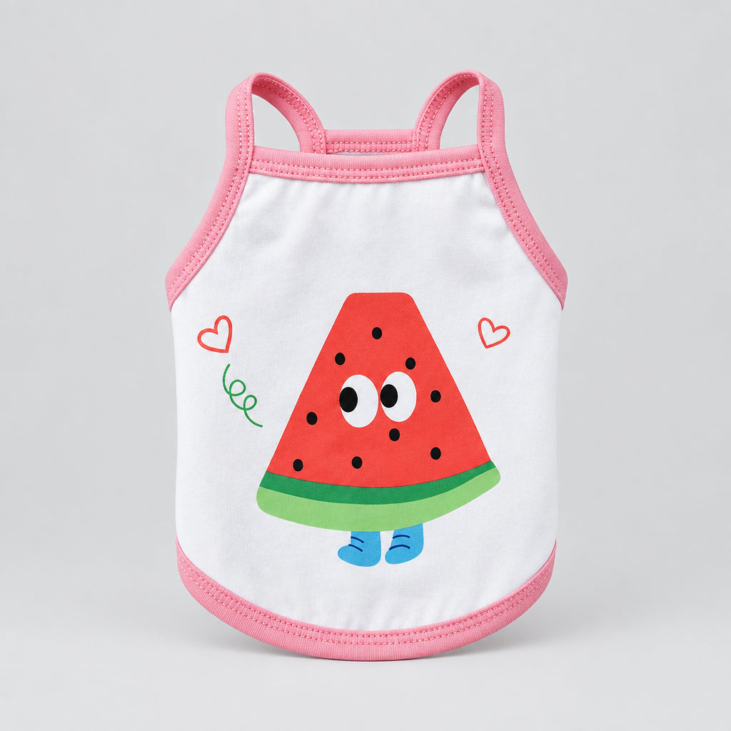 White pet tank top with pink trim, red watermelon cartoon graphic and small heart icons.