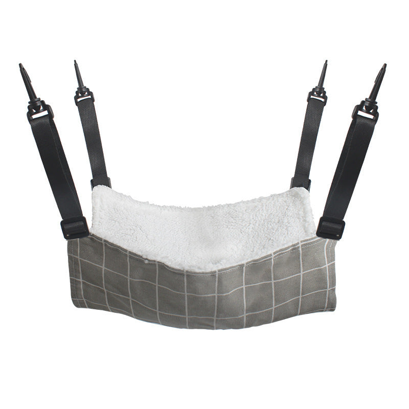 Cat cage hanging hammock bed with gray grid plaid fabric, plush white lining, and straps