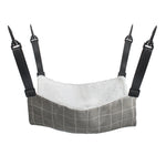 Cat cage hanging hammock bed with gray grid plaid fabric, plush white lining, and straps