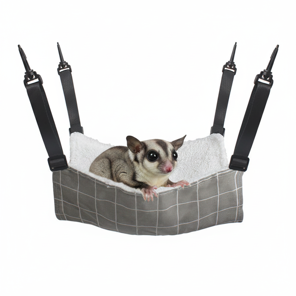 Hanging cat hammock bed with gray grid fabric and soft white lamb fleece insert