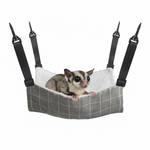 Hanging cat hammock bed with gray grid fabric and soft white lamb fleece insert
