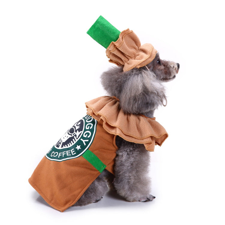 Coffee-themed dog costume outfit with brown tunic, green accents, and black badge