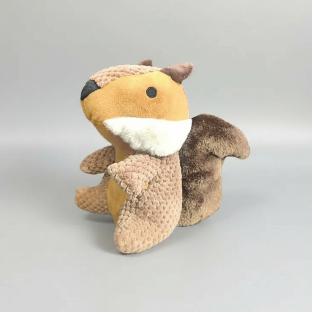 Yellow-and-brown stuffed animal plush toy with rounded ears and white belly patch