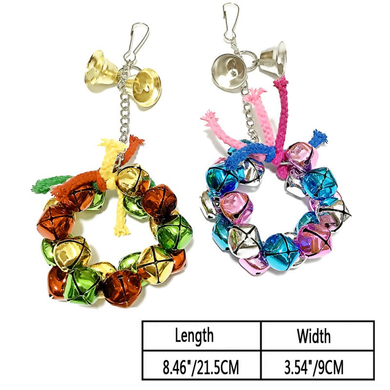Parrot nibble toy: colorful bell and chain chew ring with pink and blue accents