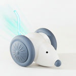 White and gray automatic cat teaser mouse toy on wheels with curved teaser wand