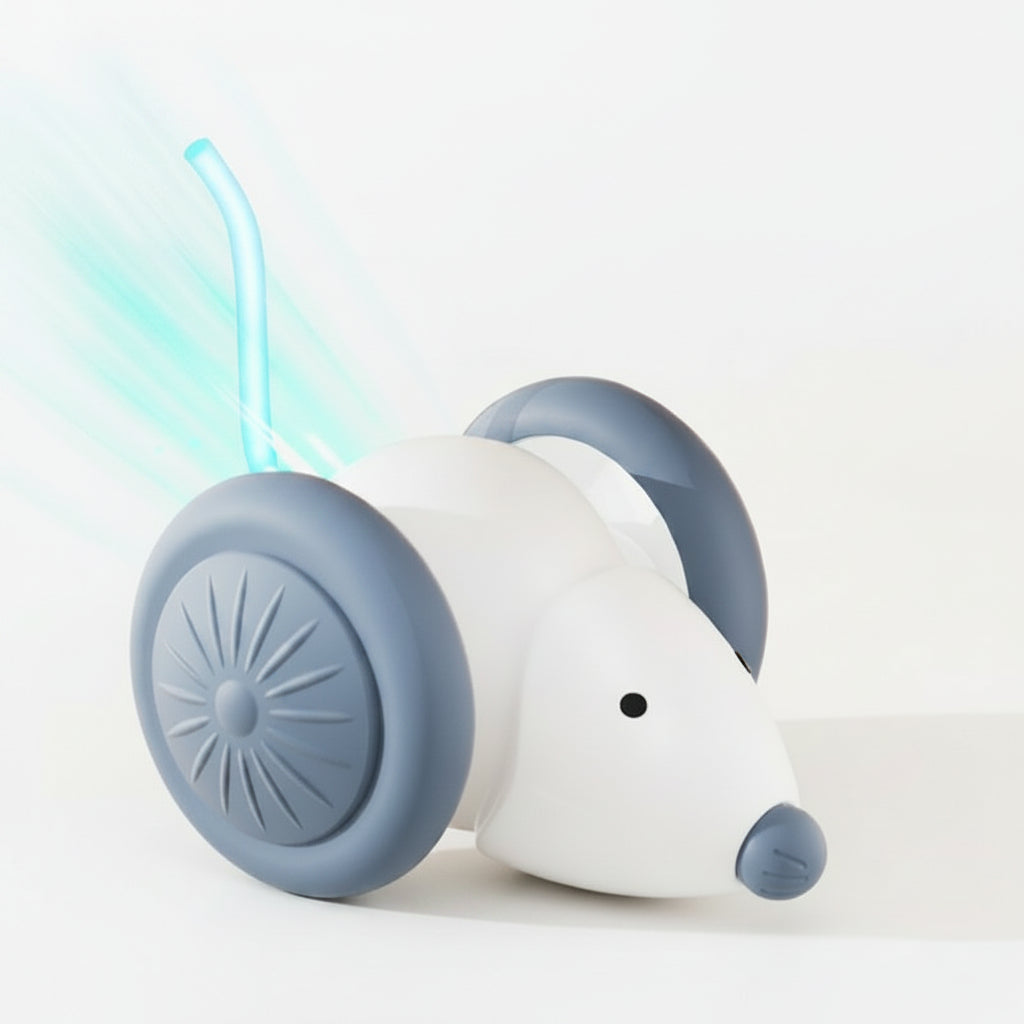 White and gray automatic cat teaser mouse toy on wheels with curved teaser wand
