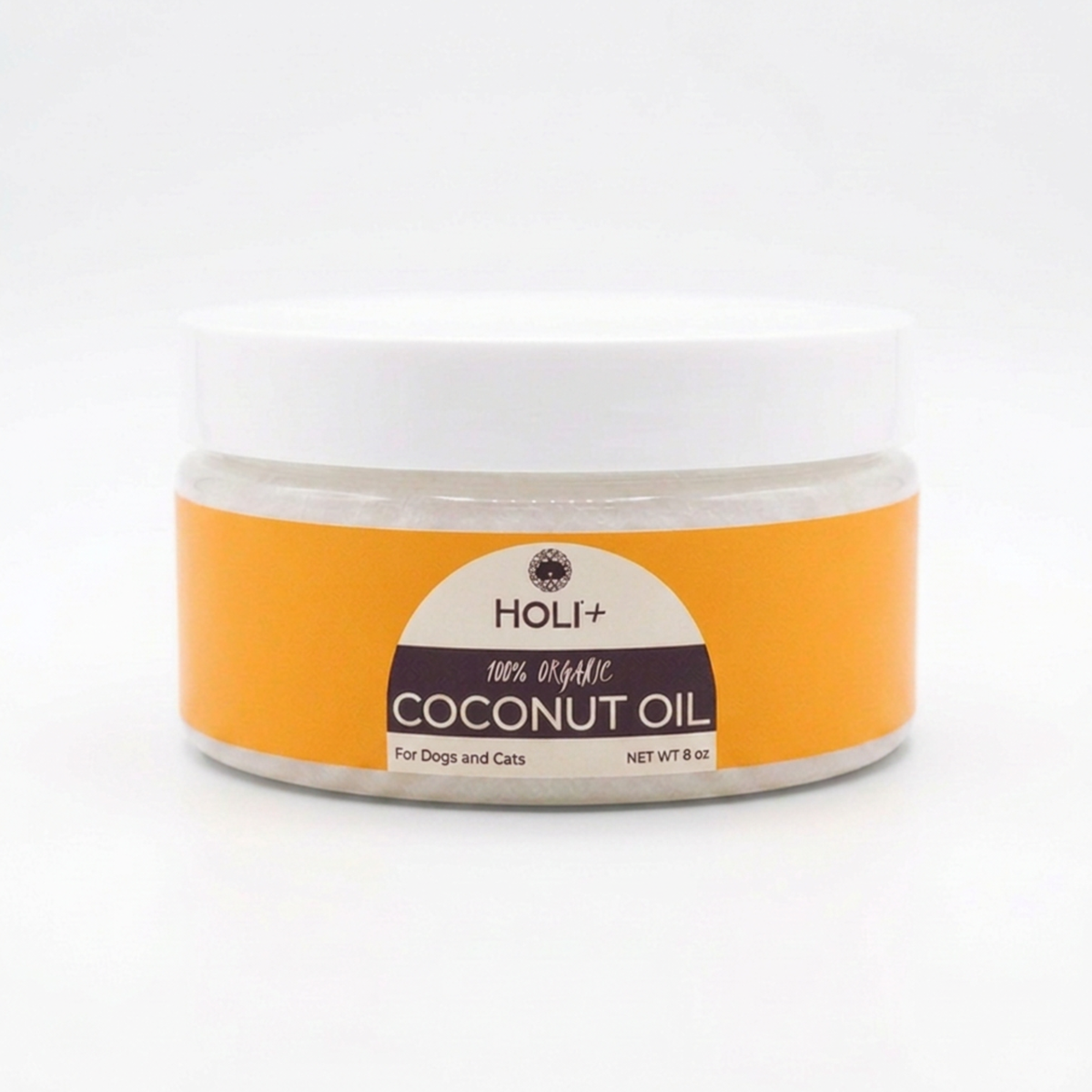 Pet coconut oil jar with orange label and white lid, front view