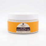 Pet coconut oil jar with orange label and white lid, front view