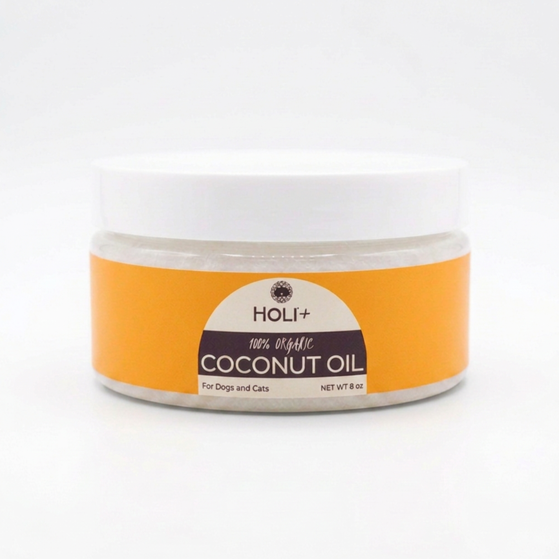 Pet coconut oil jar with orange label and white lid, front view