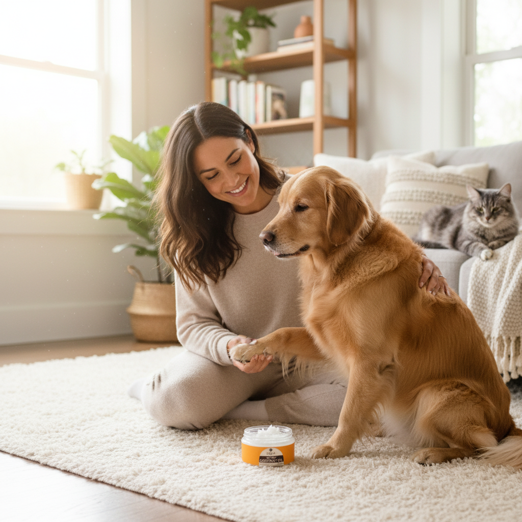Organic coconut oil for pets jar with orange lid on rug beside golden dog