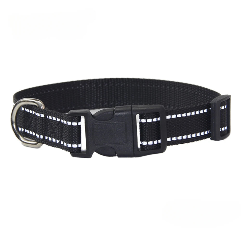 Black woven dog collar with black buckle and metal D-ring