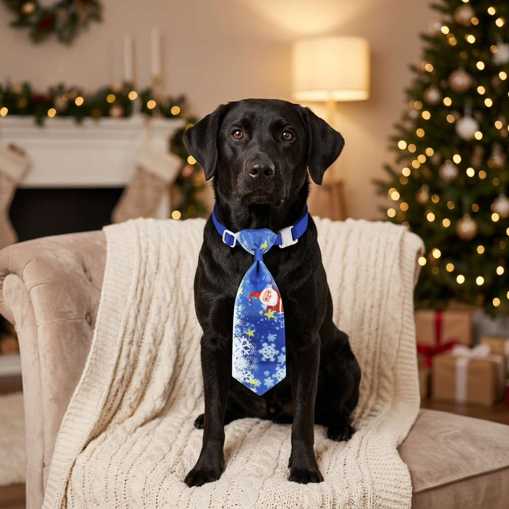 Pet Christmas necktie, blue with winter character print