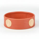 Orange large pet bowl with two beige paw print markers on the rim