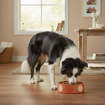 Terracotta orange large pet bowl with circular paw print embossing, two sides visible