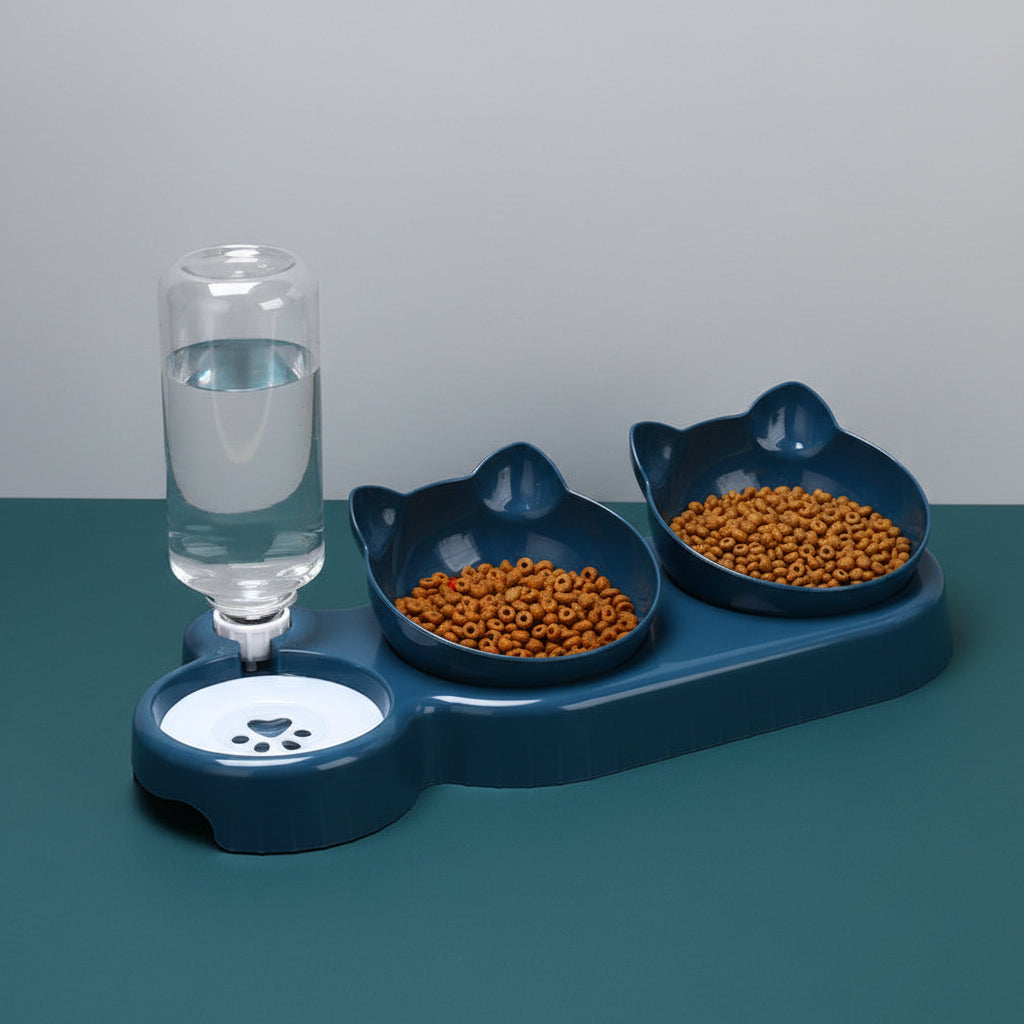 Dark blue pet feeding station with auto water dispenser and two food bowls