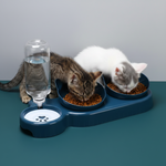 Dark blue pet feeding station with auto water dispenser and two raised food bowls