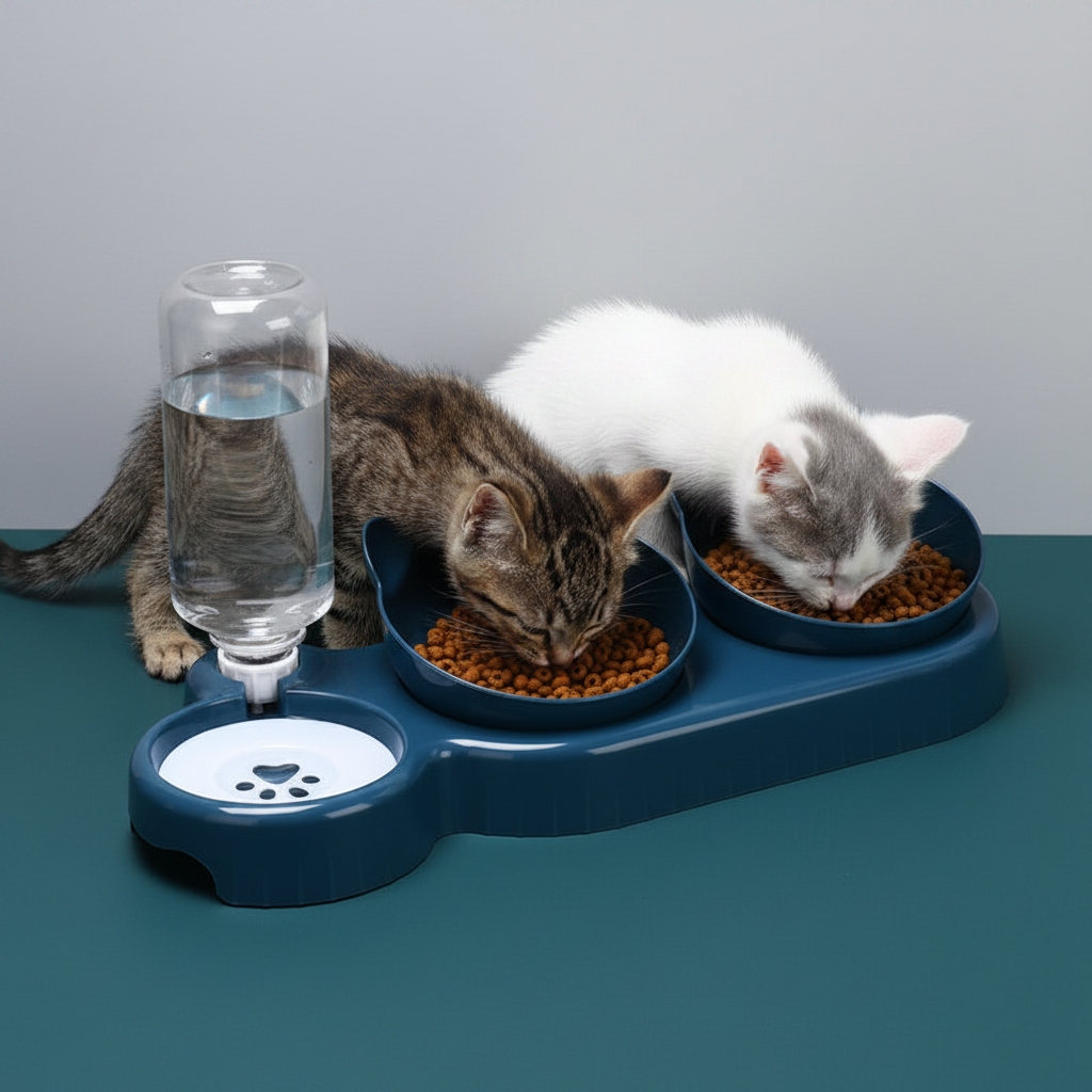 Dark blue pet feeding station with auto water dispenser and two raised food bowls