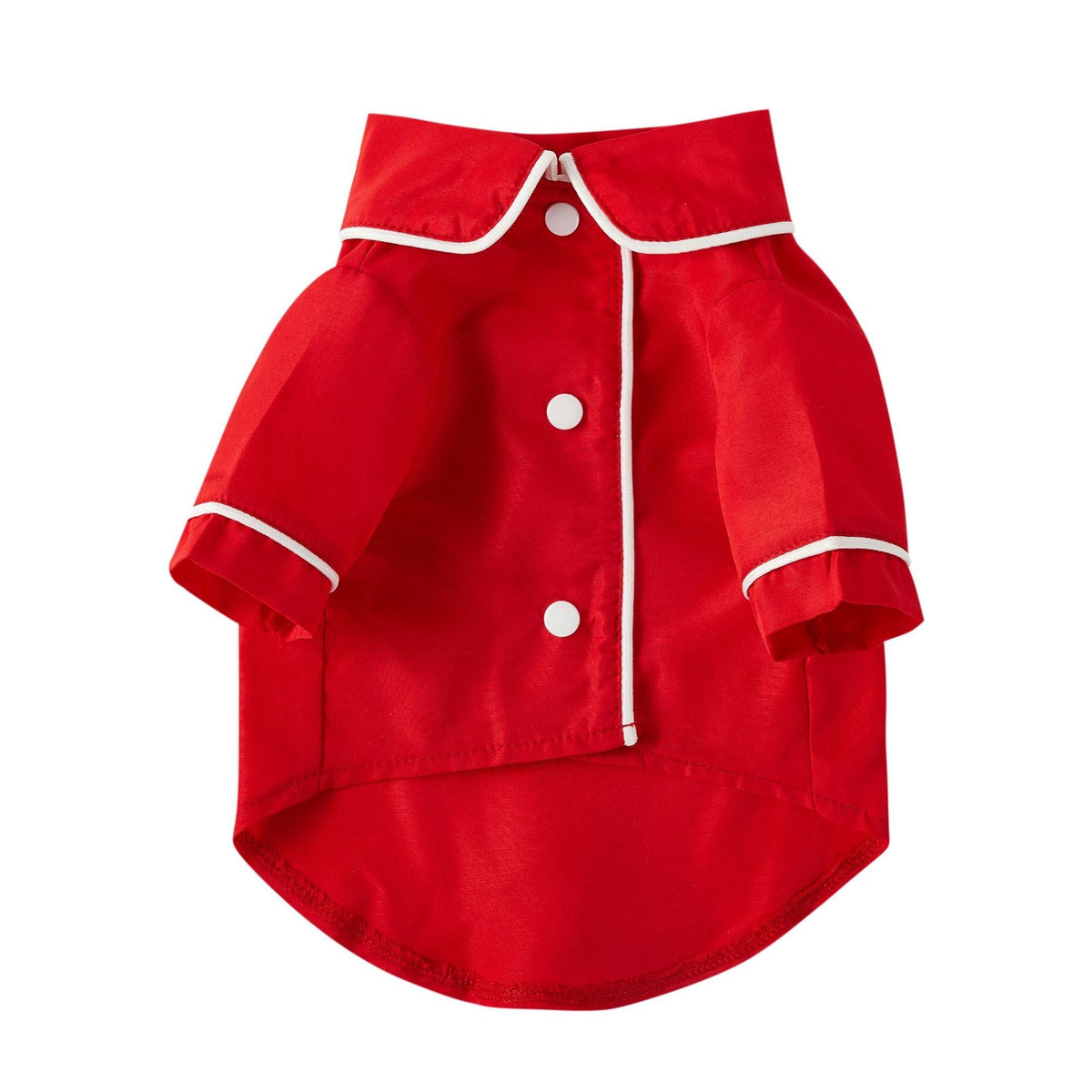 Small red pet dog jacket with white trim, snap buttons, and short cuffed sleeves