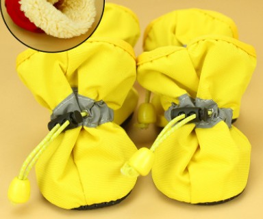 Yellow dog warm boots with gray anti-slip straps, drawstring top, soft lining