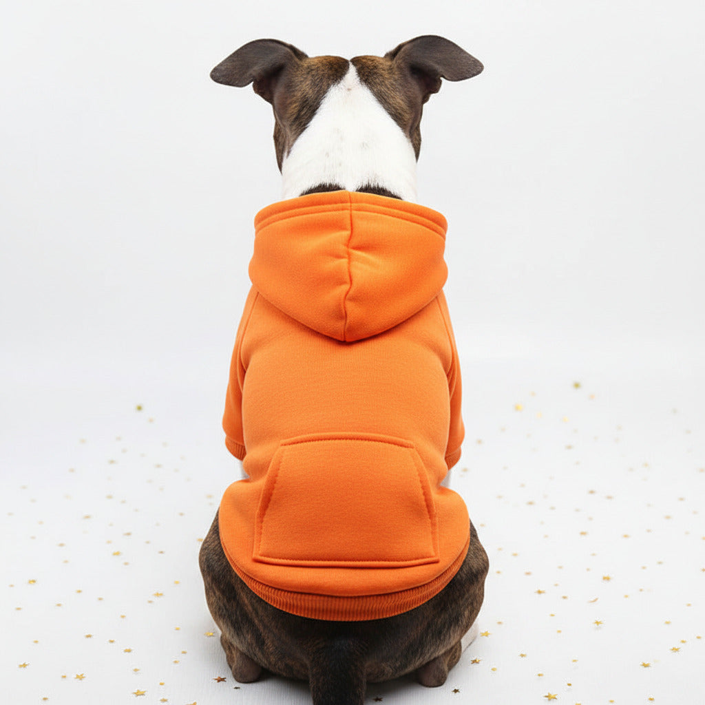Dog sweater with front pocket patch, orange knit with hood and ribbed hem